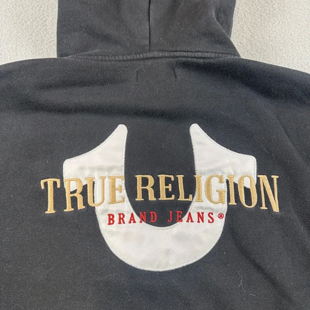 True Religion Mens Zip Up Hoodie Black Red Horseshoe Logo Fleece 5SVZ4F45D8G53HD